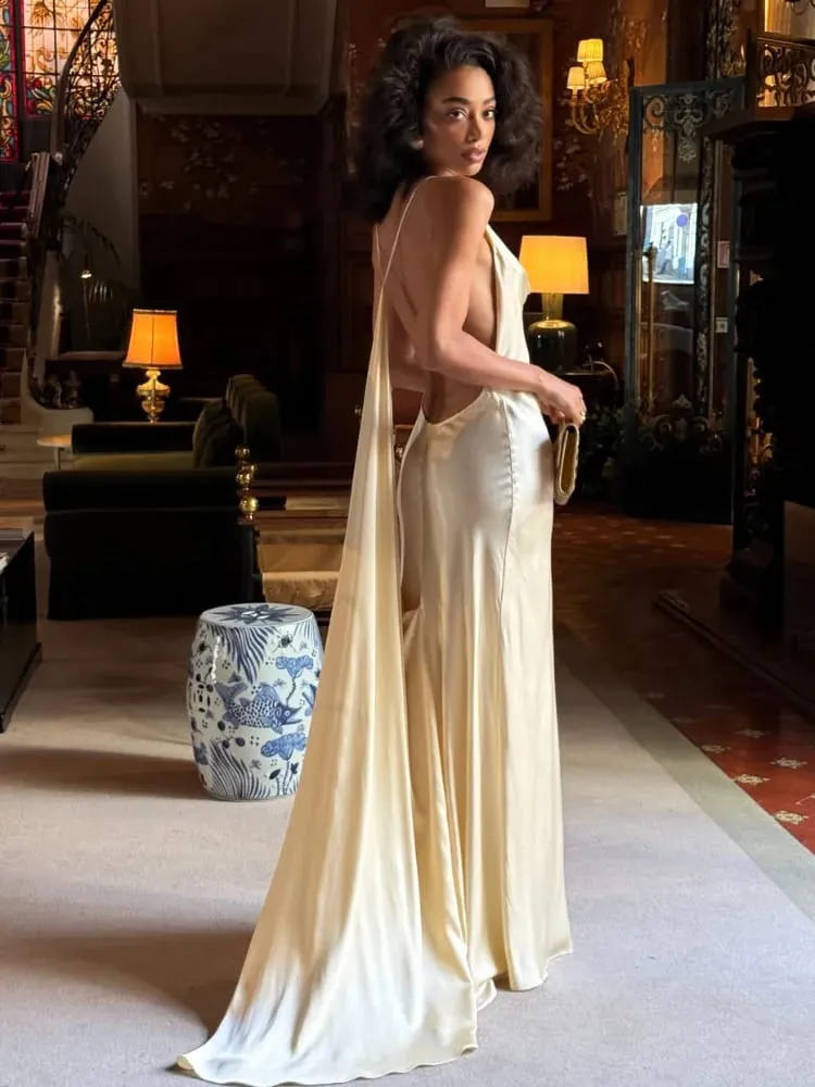 Elegante nastro di raso backless abito lungo da donna pieghettato scollo a V fessura abiti da spiaggia da festa 2026 Summer Lady abiti da sera solidi