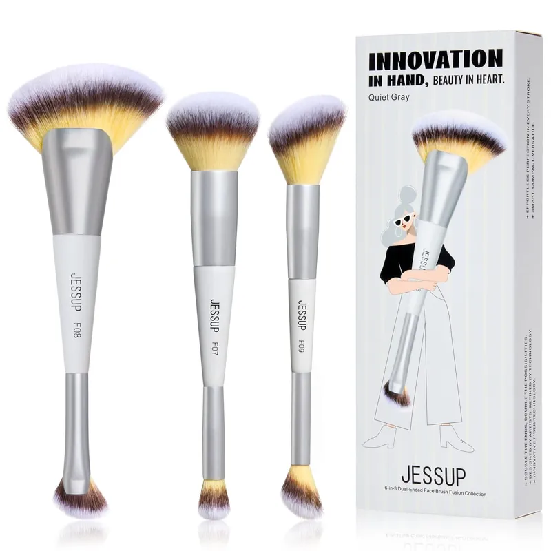 Jessup pincéis de maquiagem conjunto 3/7 pçs dupla terminou base sintética blush destaque mistura escova de sobrancelha com saco cinza silencioso t520
