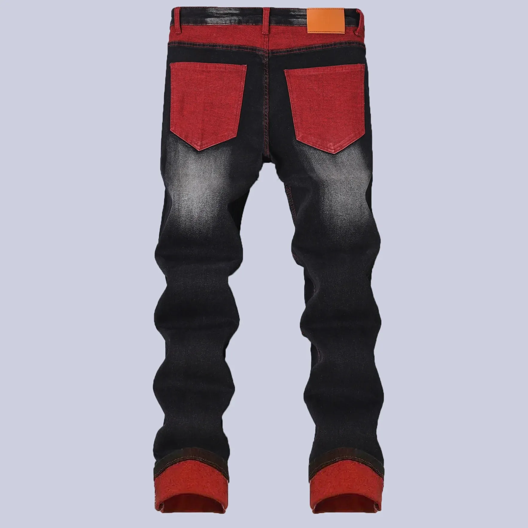 Men's Black Stretch Jeans for Spring and Fall Denim Pants with Red Ripped Details Asian Sizes 28–42.