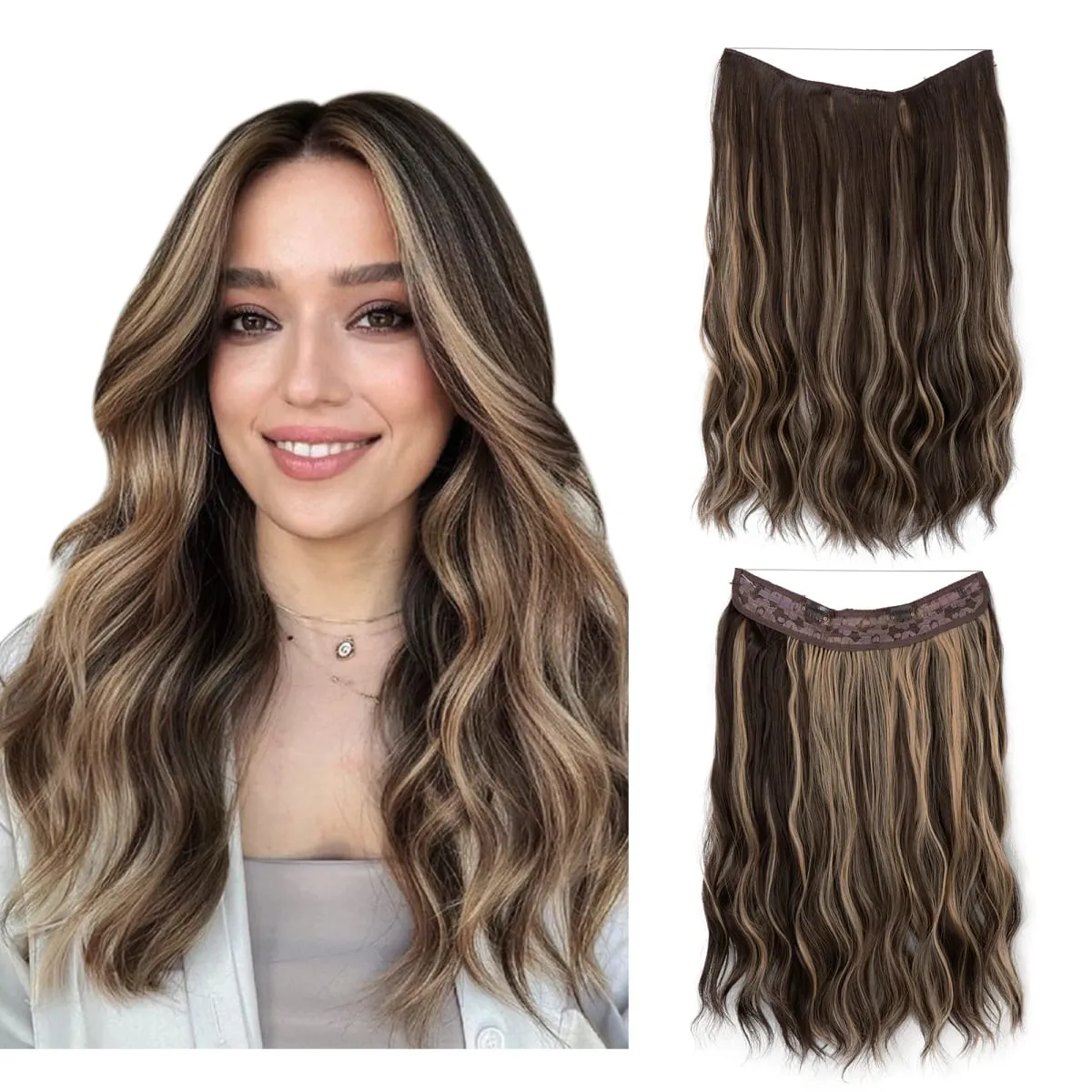 Synthetic Wave Invisible Wire With Clips Hair Extensions Fish Line Natural Blonde Clip In Hairpiece Fake Hair Piece