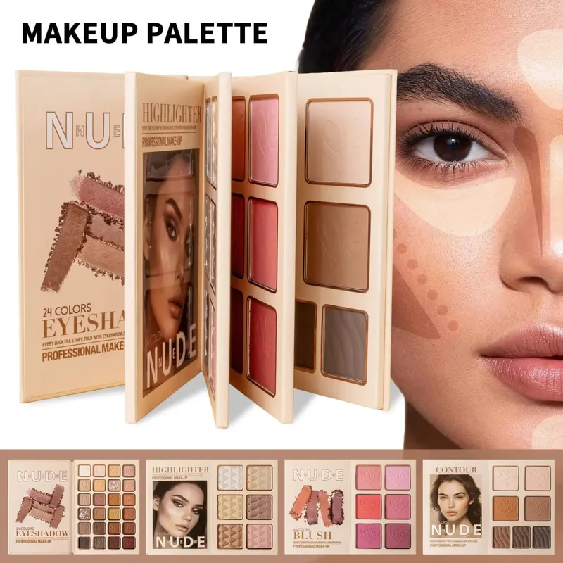 Multi‑Page All‑In‑One Nude Makeup Book Kit Eyeshadow Blush Highlighter & Contour Powder Palette