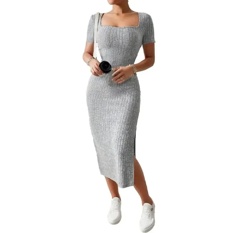 Summer Square Neck Hip-Hugging Mid-Length Skirt Short-Sleeved Versatile Knitted Slit Dress