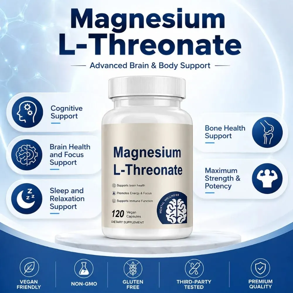 Magnesium L-Threonate 2000mg 120 Vegan Capsules - Brain Health Supplement - Energy Focus Immune Support Non-GMO GMP Dietary