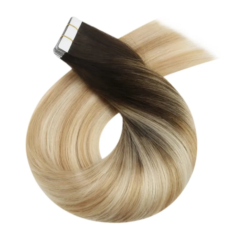 Moresoo Tape in Hair Extensions Brazilian Human Hair Real Natural Balayage Blonde Ombre Hair Straight Machine Remy Hair Tape Ins