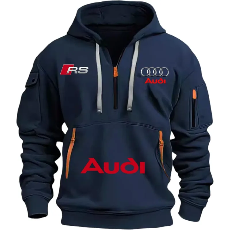 เสื้อผ้า Sporty Audi เหมาะสำหรับผู้ชาย ชุดปั่นจักรยานสไตล์กีฬากลางแจ้ง เสื้อสเวตเตอร์มีฮู้ดพิมพ์ลายสตรีทพร้อมปีกหมวก