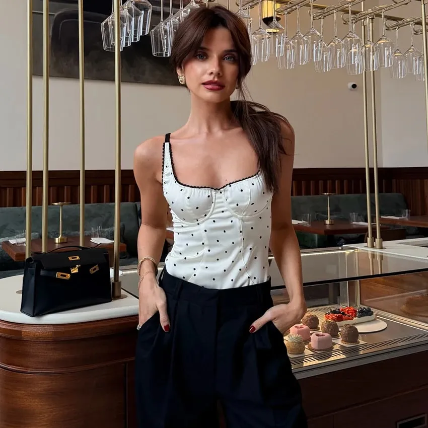 Linad Sexy Backless Polka Dot Tank Top Elegant Satin Spaghetti Strap Lace Camis Street Chic Sleeveless Vest Female 2025 Summer