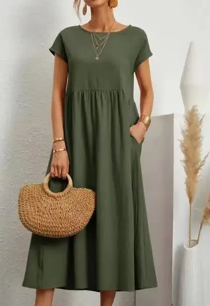 Premium Elegant Solid Cotton Linen Dress Summer Midi with Pockets Loose Fit Casual Crew Neck Short Sleeve for Beach Travel