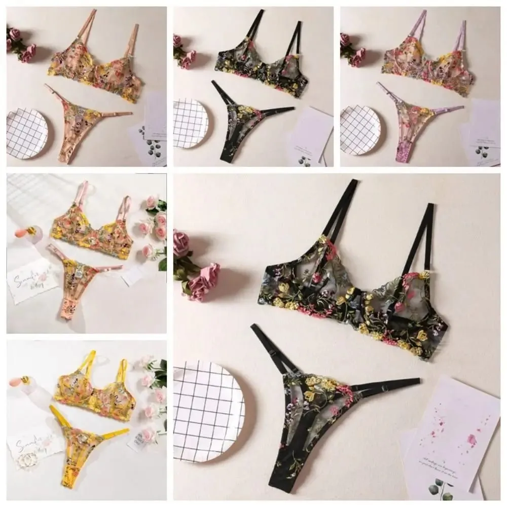 Versatile Transparent Lingerie Set Ultra-thin Push Up Panties Bra Set Elegant Embroidery Floral Underwear Girl