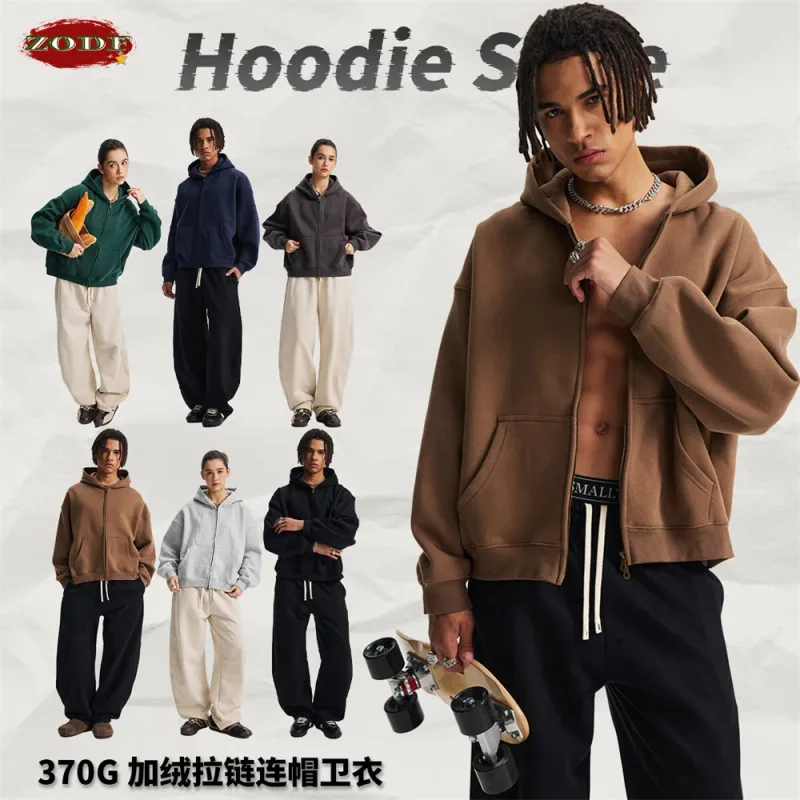 Trendy 2025 Winter Man Solid Fleece Boxy Hoodies Unisex 350gsm Dubbele Hoofd Rits Hoody Jas HY1122 — image 4