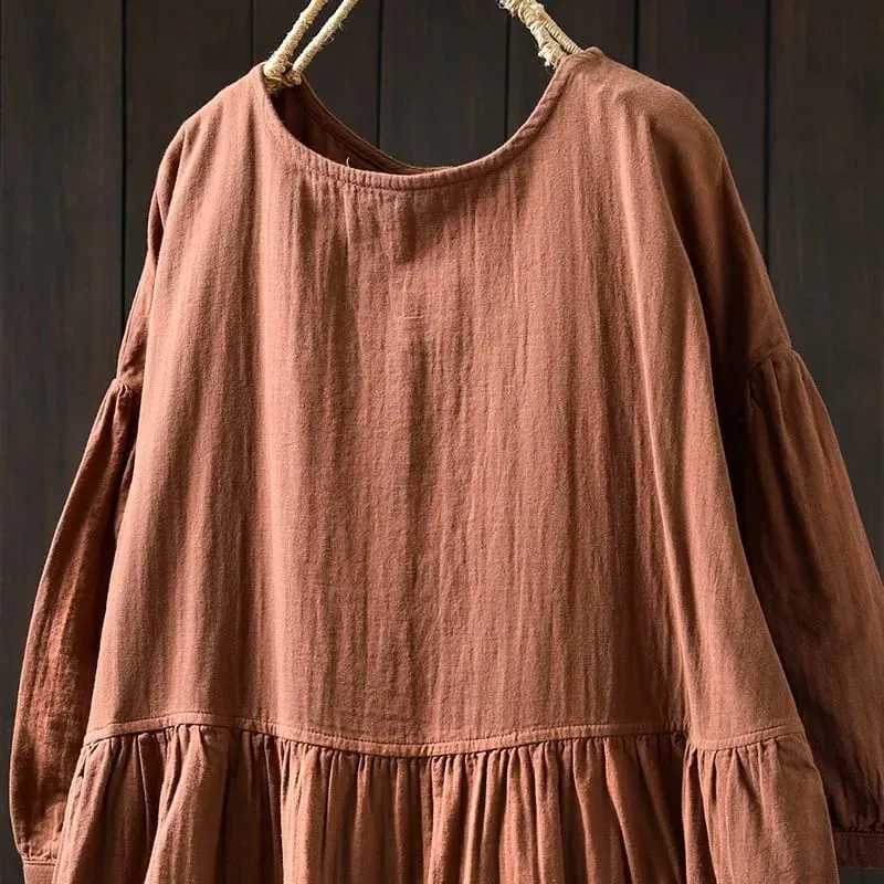 Johnature Women Vintage Cotton Dresses O-Neck Half Sleeve Soft Solid Color Robes 2025 Summer New Casual A-Line Female Dress