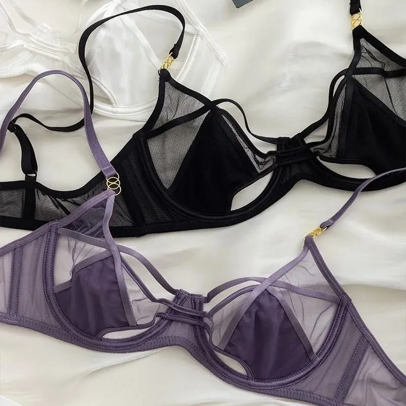 Hot Sale Sheer Mesh Lingerie Set No Padding Soft Wire Push Up See Through Floral Lace Bralette Dark Romance Style