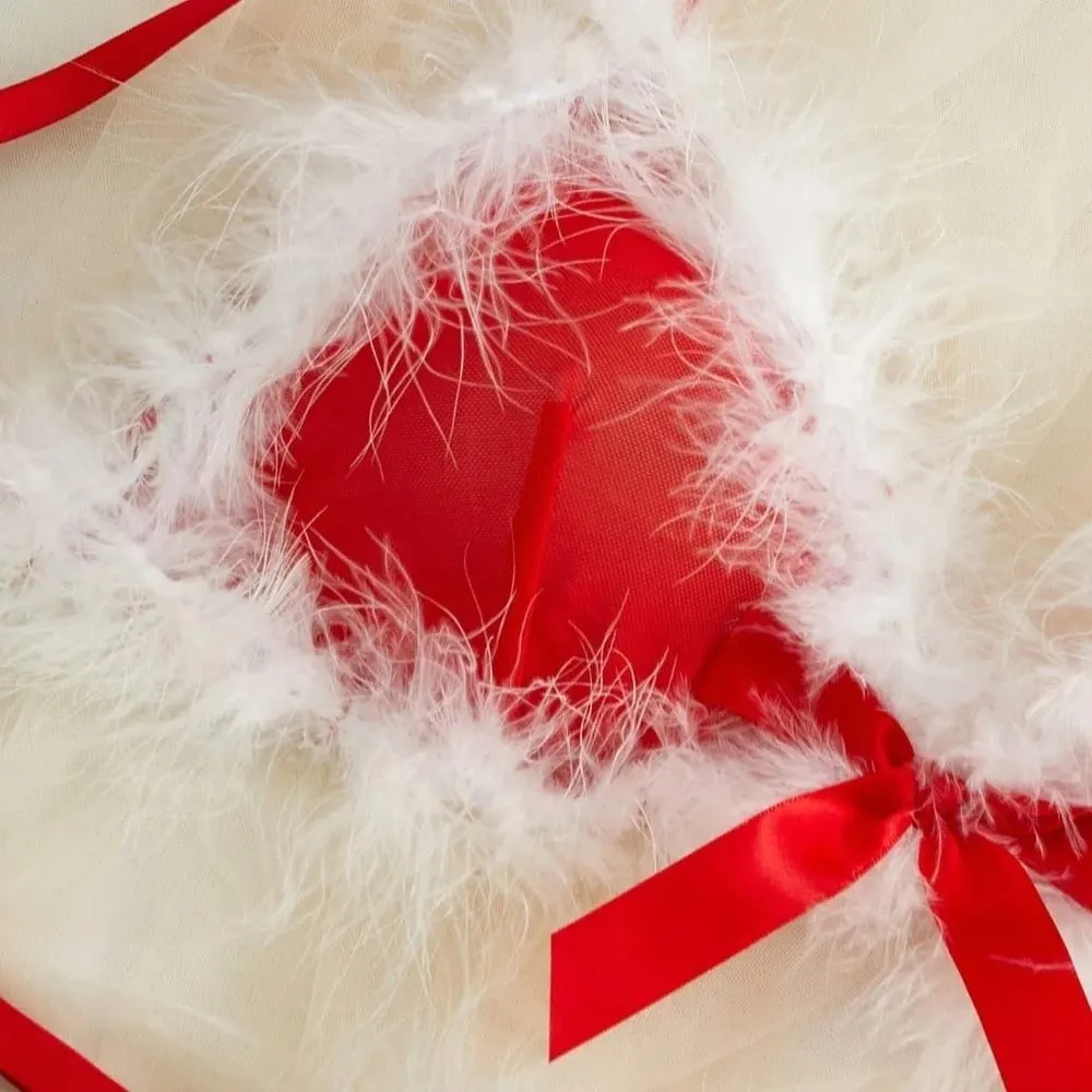 Sweet Furry Women's Underwear Mesh Transparent Wireless Lingerie Set Bow Decor Romantic Intimate Bra Panties Suit Christmas