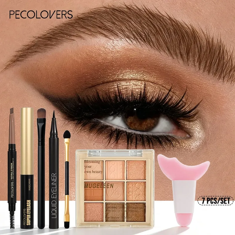 7PCS Eye Set Eyeshadow Palette + Eyeliner + Mascara + Double-ended Eyebrow Pencil Matching Makeup Tools Eye Highlighter
