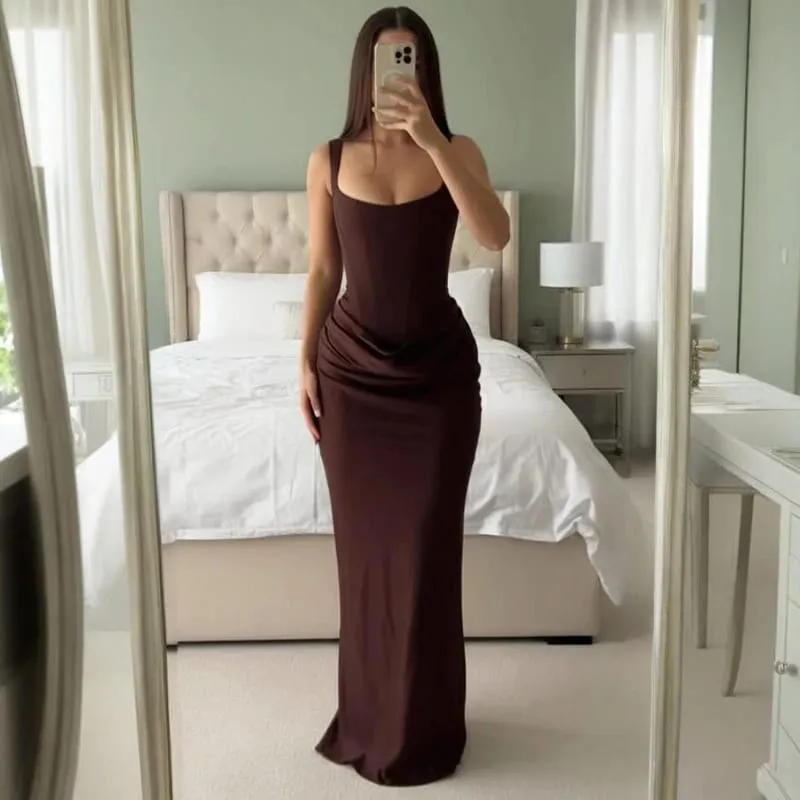 Typhaland Abito maxi pieghettato sottile per le donne Abito da sera sexy senza maniche con scollo tondo Estate 2026 Abiti femminili solidi di moda