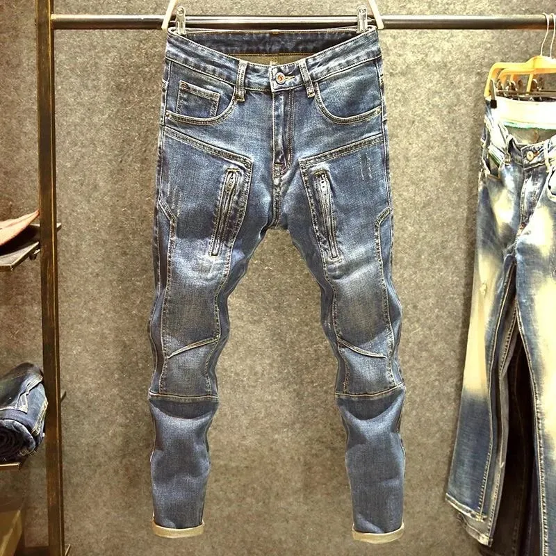 Autumn and Spring New Fashion Trend American Vintage Straight Leg Denim Pants Men's Casual Sports Multi-pocket Stretch Jeans
