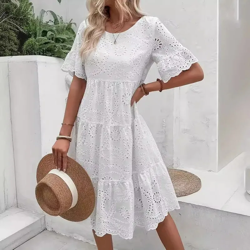 Nữ Trắng Silicon Thêu Đầm Midi Khoét Hở Boho Flowy Xù Tầng Váy Đầm Ngắn Tay Đi Biển Mùa Hè Áo