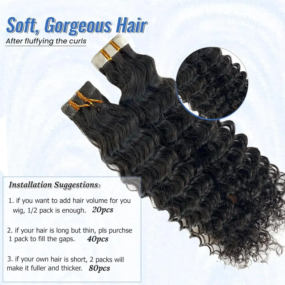 Deep Water Wave Tape In Hair Extensions Natural Black Remy 100% Human Hair 20pcs/50g Curly Tape ins Invisible Adhesive Seamless