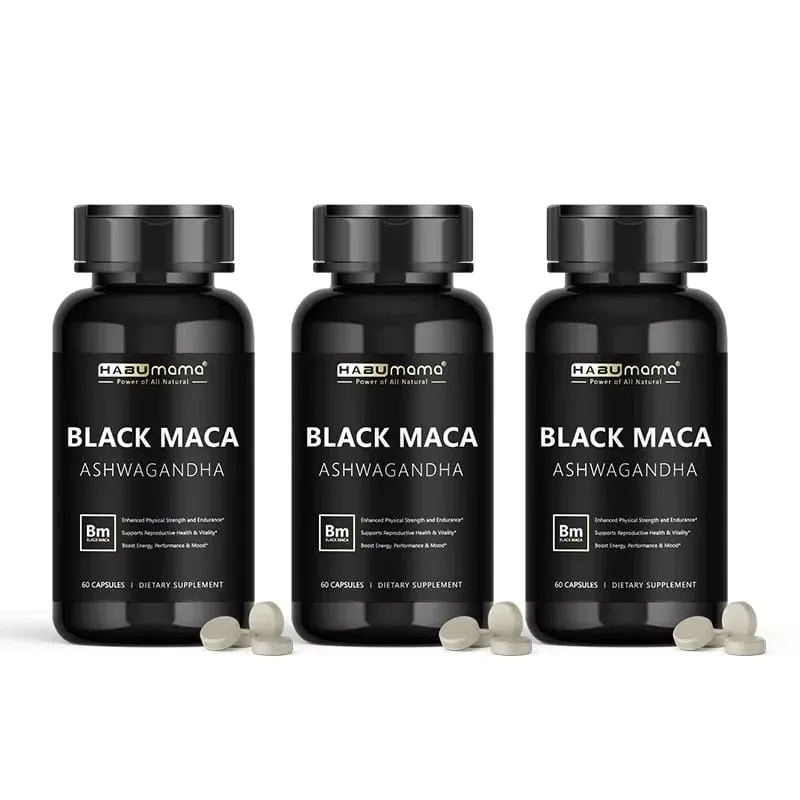 Akar Maca Hitam Organik + Suplemen Ekstrak Ashwagandha untuk Wanita & Lelaki Ketahanan Tenaga Tegang - Pil Vegan