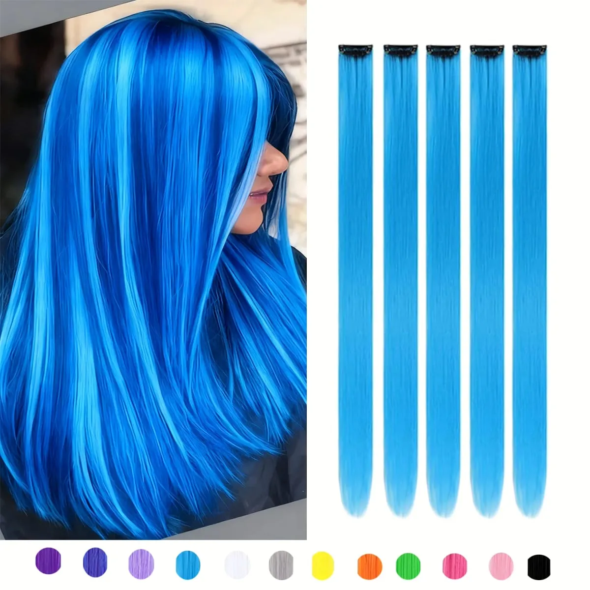5Packs Colored Hair Extensions 22Inch Straight Color Clip in on Hair Extension Rainbow Party Highlights Synthetic Hair