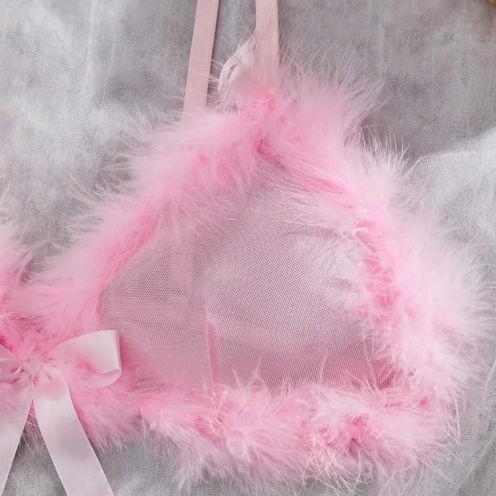 Furry Women's Underwear Wireless Mesh Transparent Lingerie Set Romantic Intimate Bow Decor Bra Panties Suit Anniversary
