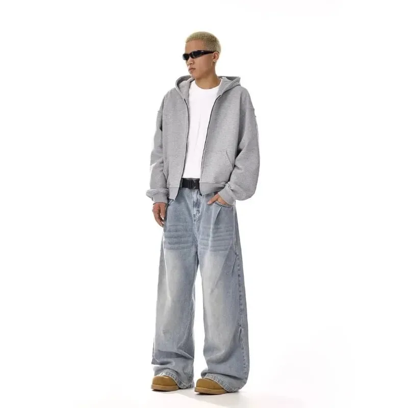 Mens Jeans Harajuku American Vintage Washed Cleanfit High Street Straight Loose Wide Leg Denim Pants Unisex Fashion Style New