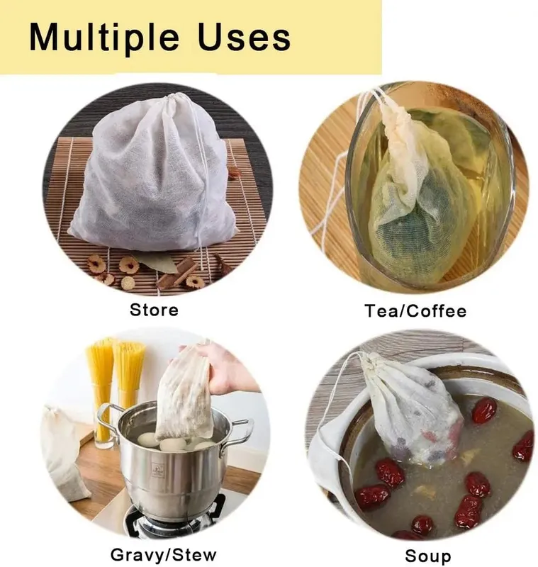 5Pcs 20x25CM Reusable Cotton Straining Bags Drawstring Muslin Cheesecloth Spice Soup Bags for Cooking Bone Broth Brew Bag Pouch