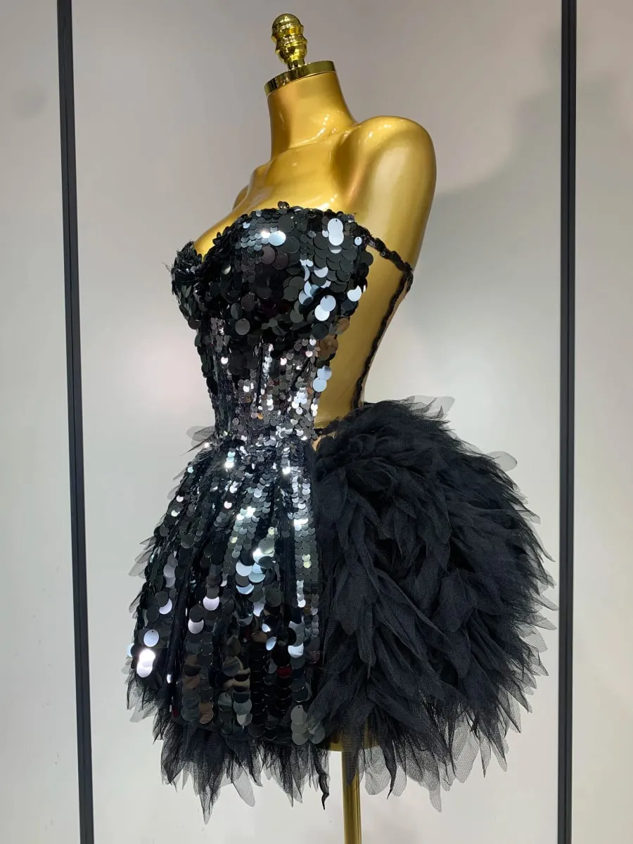 Sparkly Black Sequins Two Pieces Set for Women Party Evening Prom Celebrate Birthday Photo Shoot Dress Nightclub Dance Costume