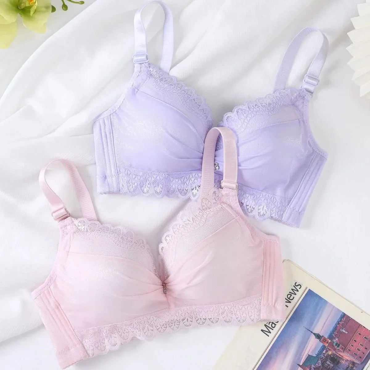 Ultra-Thick 8cm Push up Bra Lace Gathered Wireless Full Coverage Lingerie Side Support for A/B Cup Women