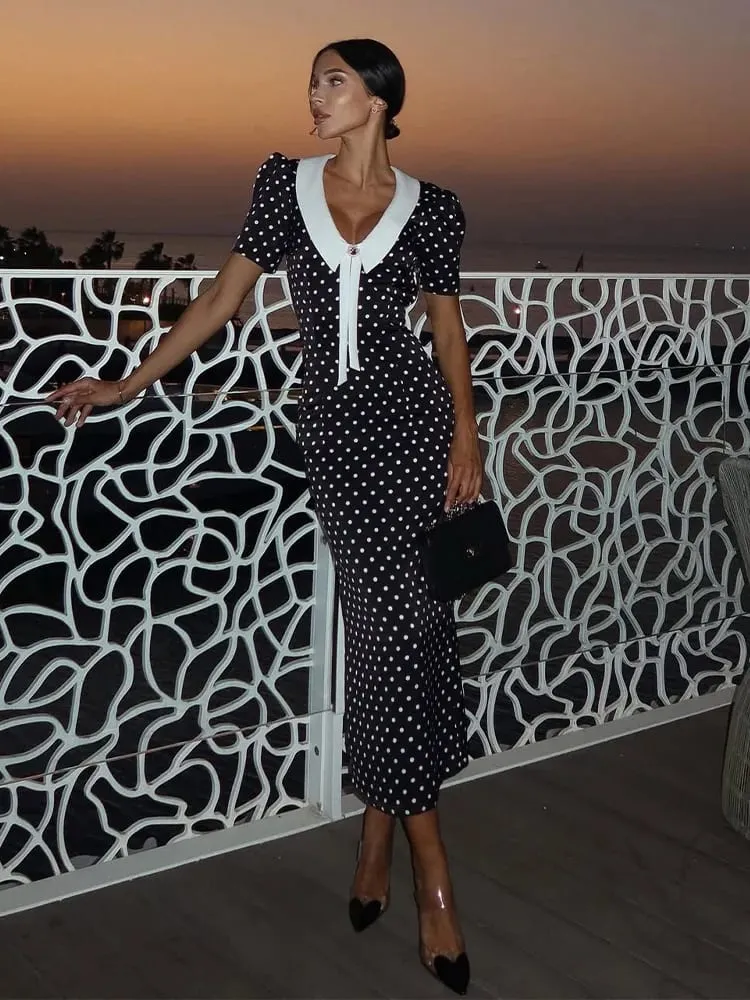 Dot พิมพ์ชุดผู้หญิงแฟชั่นเซ็กซี่ Streetwear แขนสั้นเปิดลงคอ V คอยาว Vestidos Robes หญิง