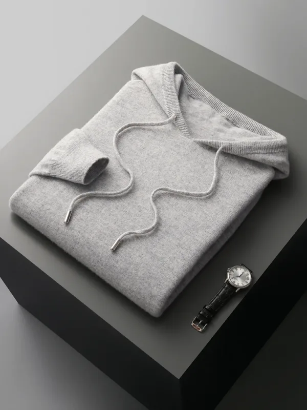 Men's 100% Merino Wool Sweater Hooded Collar Knitted Pullover Sweatshirt Autumn Winter Casual Large Tops Long Sleeved