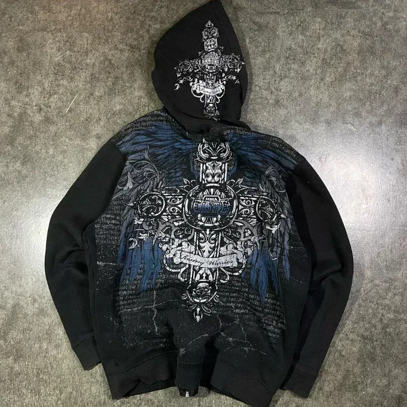Mens Zip Up Hoodie สีน้ำเงินเข้มปีกพิมพ์กราฟิกที่ไม่ซ้ำกัน Y2K Streetwear American Urban เสื้อสวมหัวเสื้อผ้าเยาวชน Hooded Sweatshirt