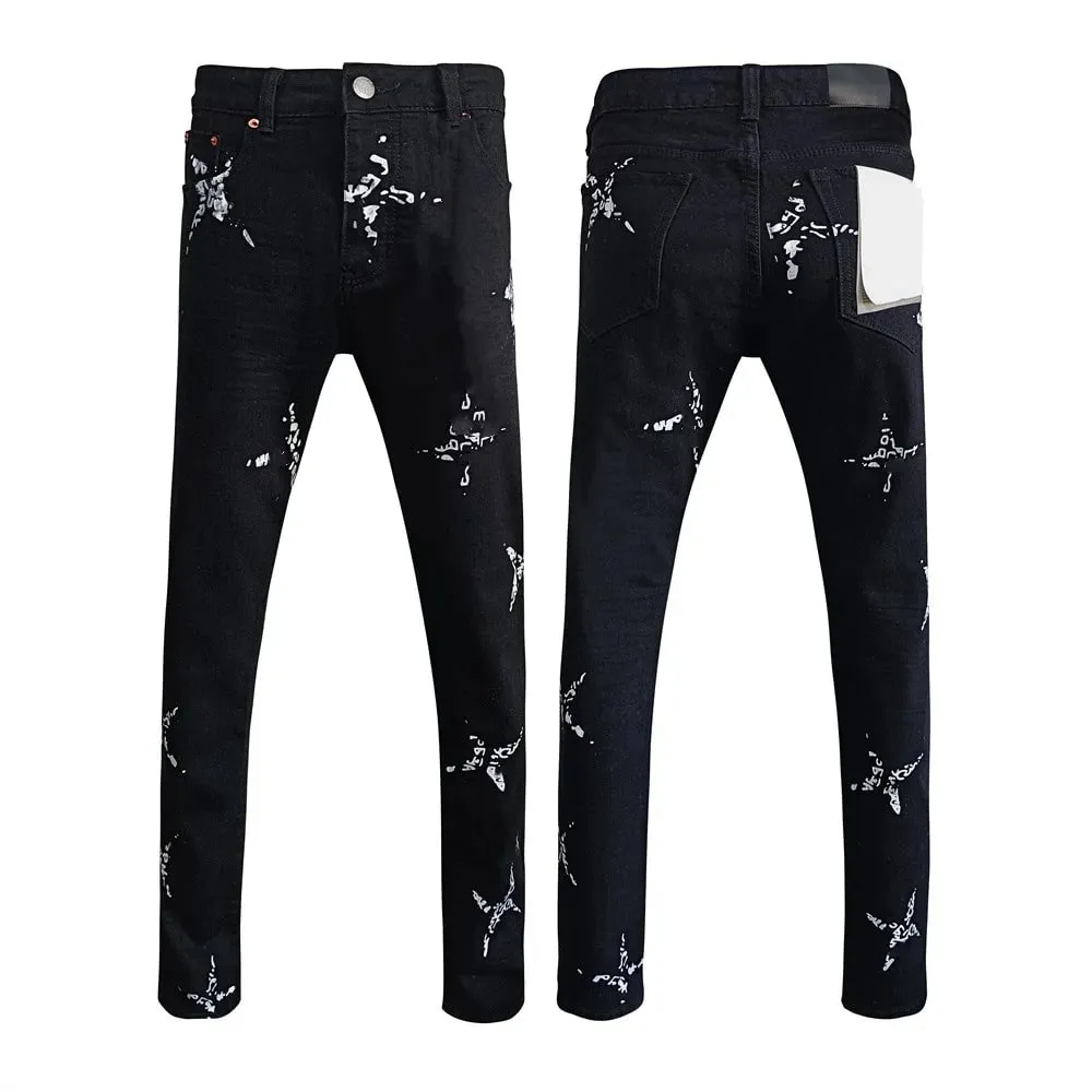 Jeans Men Fashion Classic style Retro Wash black paint Hole Repair Low Rise Stretch Skinny Pleated Ripped Frayed Jeans Trousers — image 15