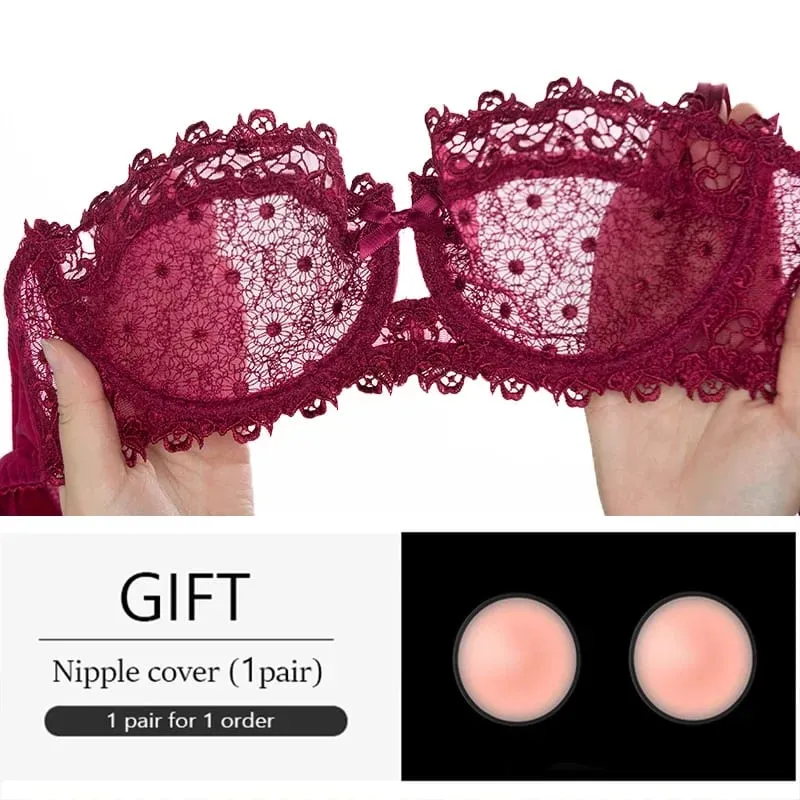 Plus Size Sexy Half Cup Lace Bra Sheer Mesh Unlined Bralette for Women A D Cup Invisible Push Up Underwire Lingerie Set — image 2