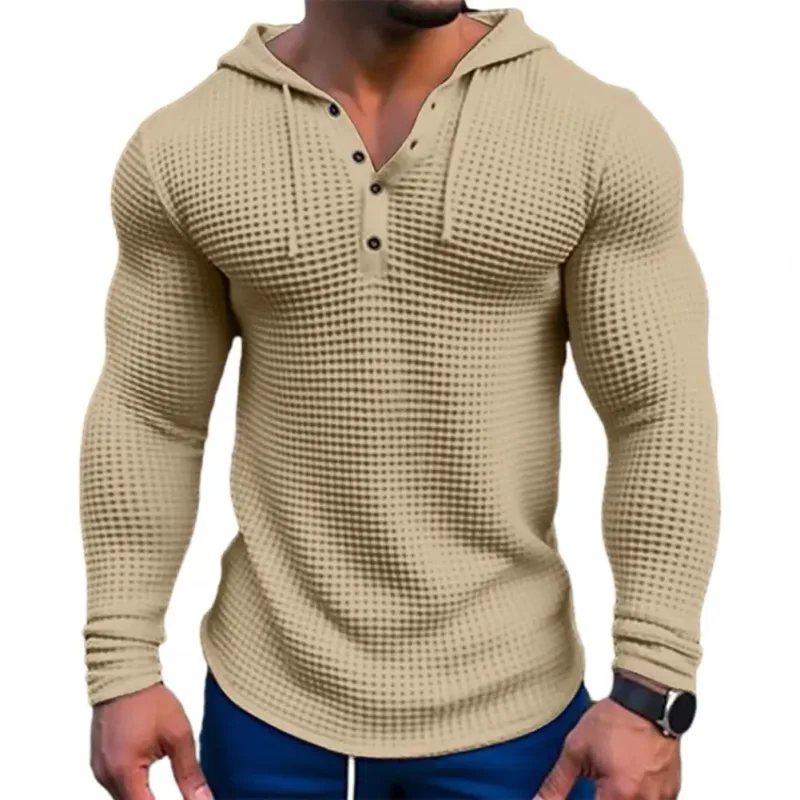 T-shirt à manches longues pour hommes, couleur unie, coupe cintrée, à capuche, respirant, haut de sport, en coton gaufré, décontracté, printemps