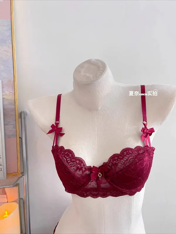 Elegant Lace Half Cup Bra Set Women Soft Underwire Gathered Thin Support Modest Exquisite Lace Comfort Lingerie Set 4 Colors 32-