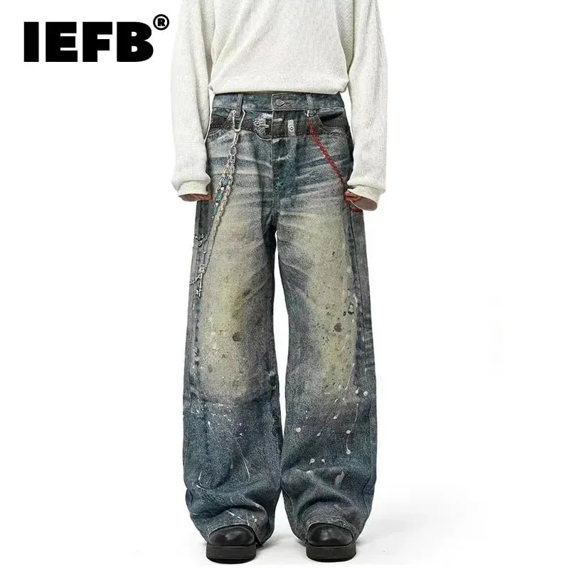 Niche Design Men's Denim Pants Chain Printing Contrast Color Splash-ink Casual Wide Leg Vintage Loose Male Jeans 9W4170