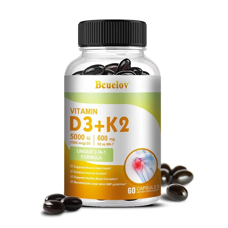 Bcuelov Vitamin D3+K2 5000 IU Vitamin D3 non-GMO formula easy-to-swallow vitamin D and K complex dietary supplement