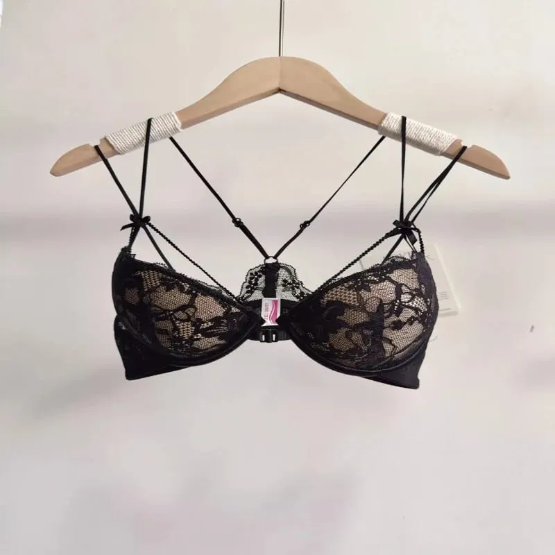 Ladies Front Fastening Lace Lingerie Set Wirefree Push Up Bra Thinly Lined Delicate Straps Comfort Sexy Everyday Underwear Set
