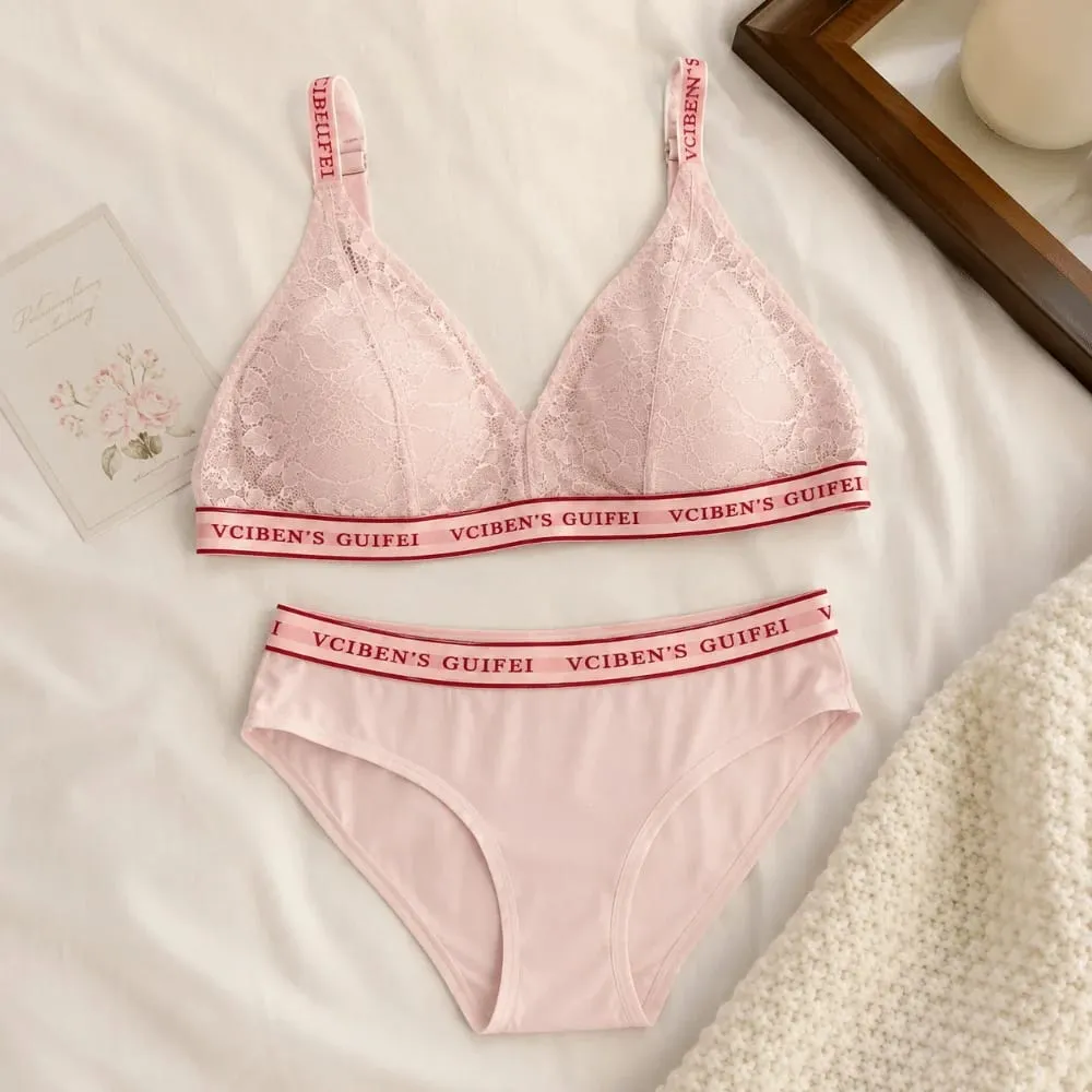 Comfortable Letter Design Lingerie Set Deep V Lace Women Underwear Suit Wireless Color Blocking Bra Panties Set Gift