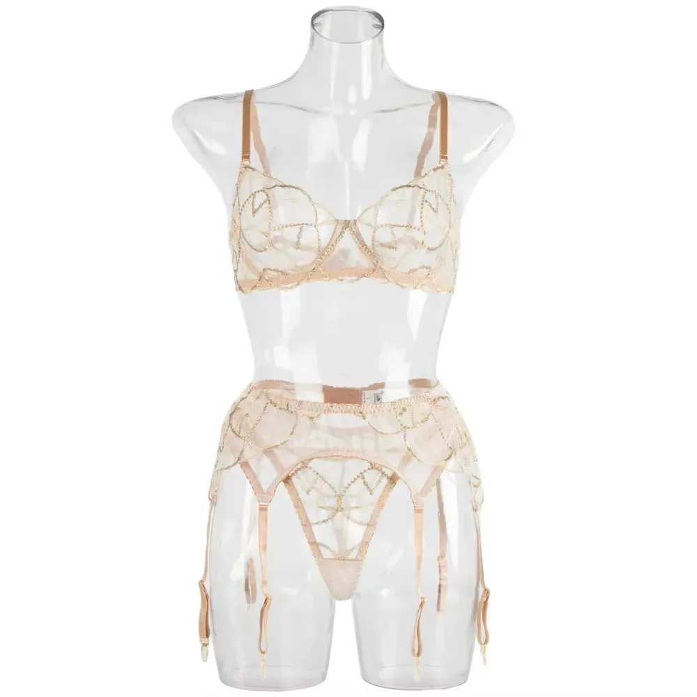 Champagne gold lingerie set fashionable French style bra and garter stockings