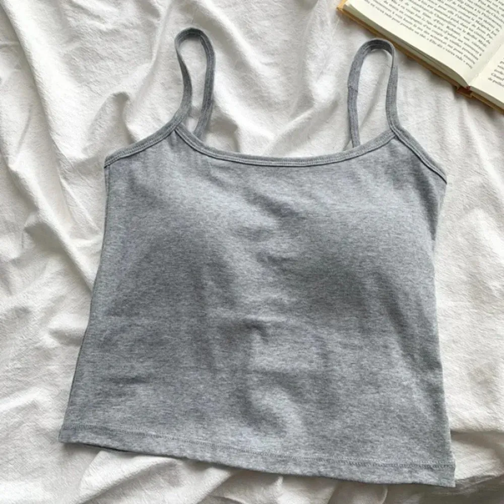 1PC Korean Women's Solid Color Spaghetti Straps Sleeveless Slim Camisole With Chest Pad