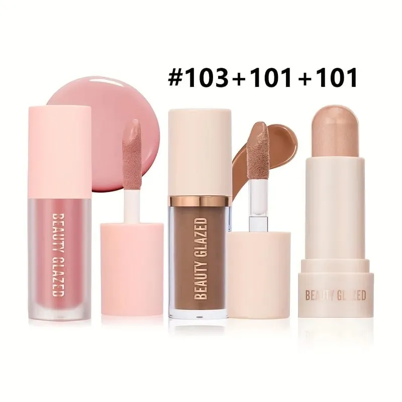 3pcs Face Highly Pigmented Liquid Contour Makeup Set Long Lasting Natural Contour Contouring Bronzer (Contour+Blush+Highlighter)