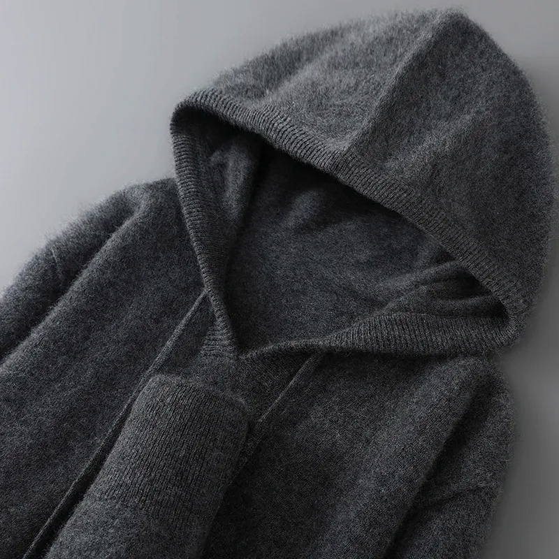 DjzDsm Herbst-Winter-Herrenpullover aus 100 % Merinowolle, dicker Kapuzenpullover, weiche Strickwaren, lässige, bequeme Wollkleidung, Oberteile