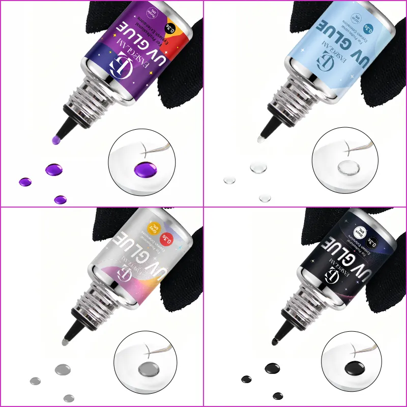 EaseGlam 0.3S UV Eyelash Glue for Lash Extension Low Irritation Strong UV Lash Glue for Makeup Black Purple Led Adhesive 4 Color