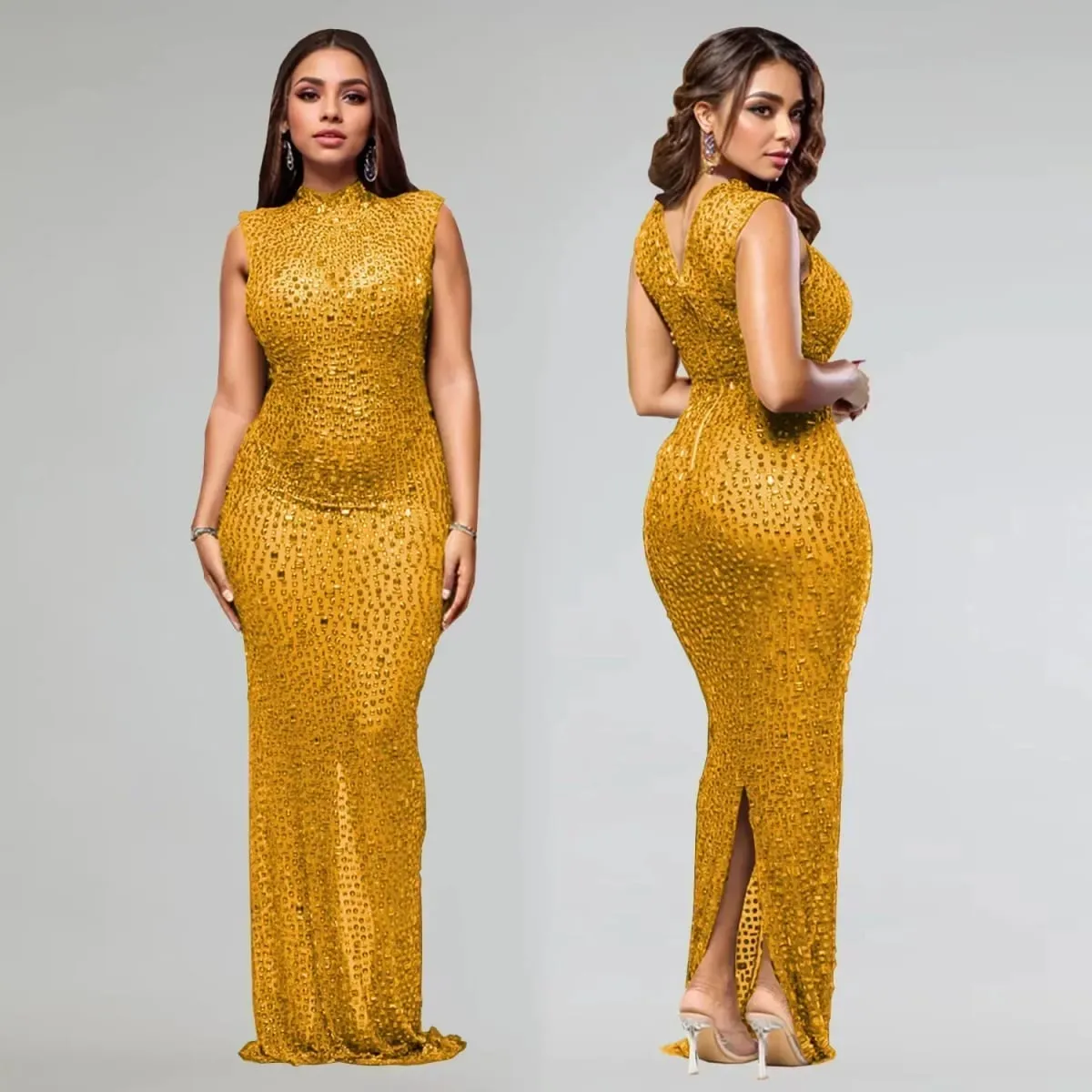 CM.YAYA 2024 Sonbahar Elmas Sıcak Rhinestones O-Boyun Kadın Kolsuz Bodycon Uzun Elbise Doğum Günü Partisi Akşam Balo Maxi Elbiseler — image 6