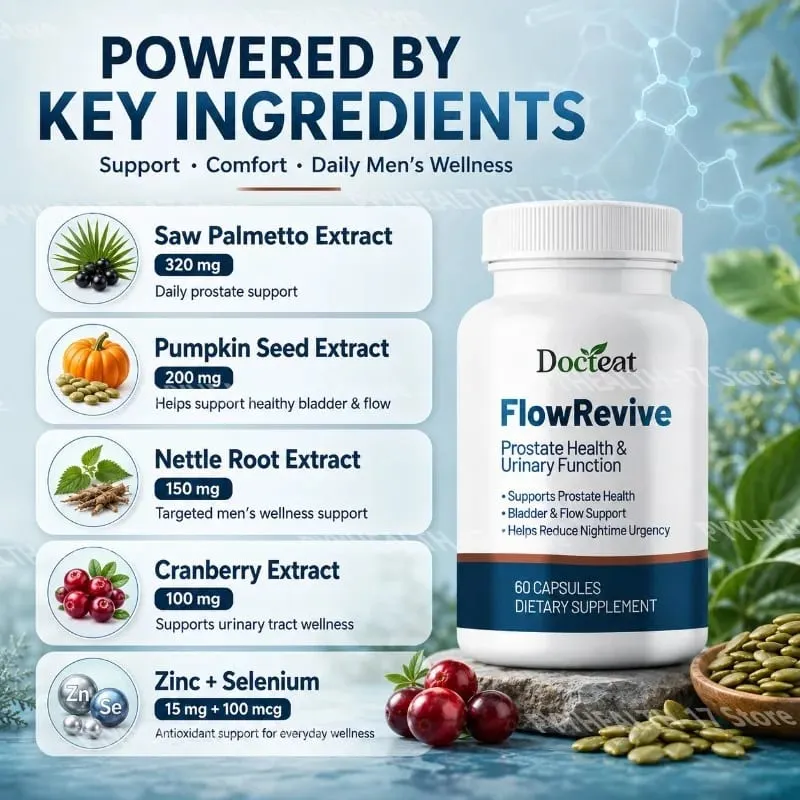 Docteat FlowRevive Prostate & Urinary Support Capsules with Saw Palmetto Pumpkin Seed and Pygeum Bark Extract - 60 Κάψουλες