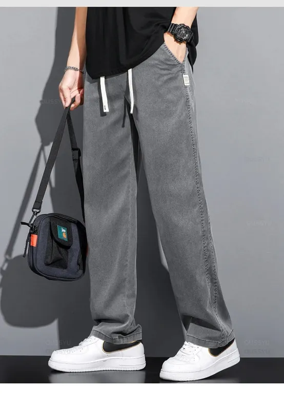 Summer Soft Lyocell Fabric Men's Jeans Thin Loose Straight Pants Drawstring Elastic Waist Korea Casual Trousers Plus Size M-5XL — image 8