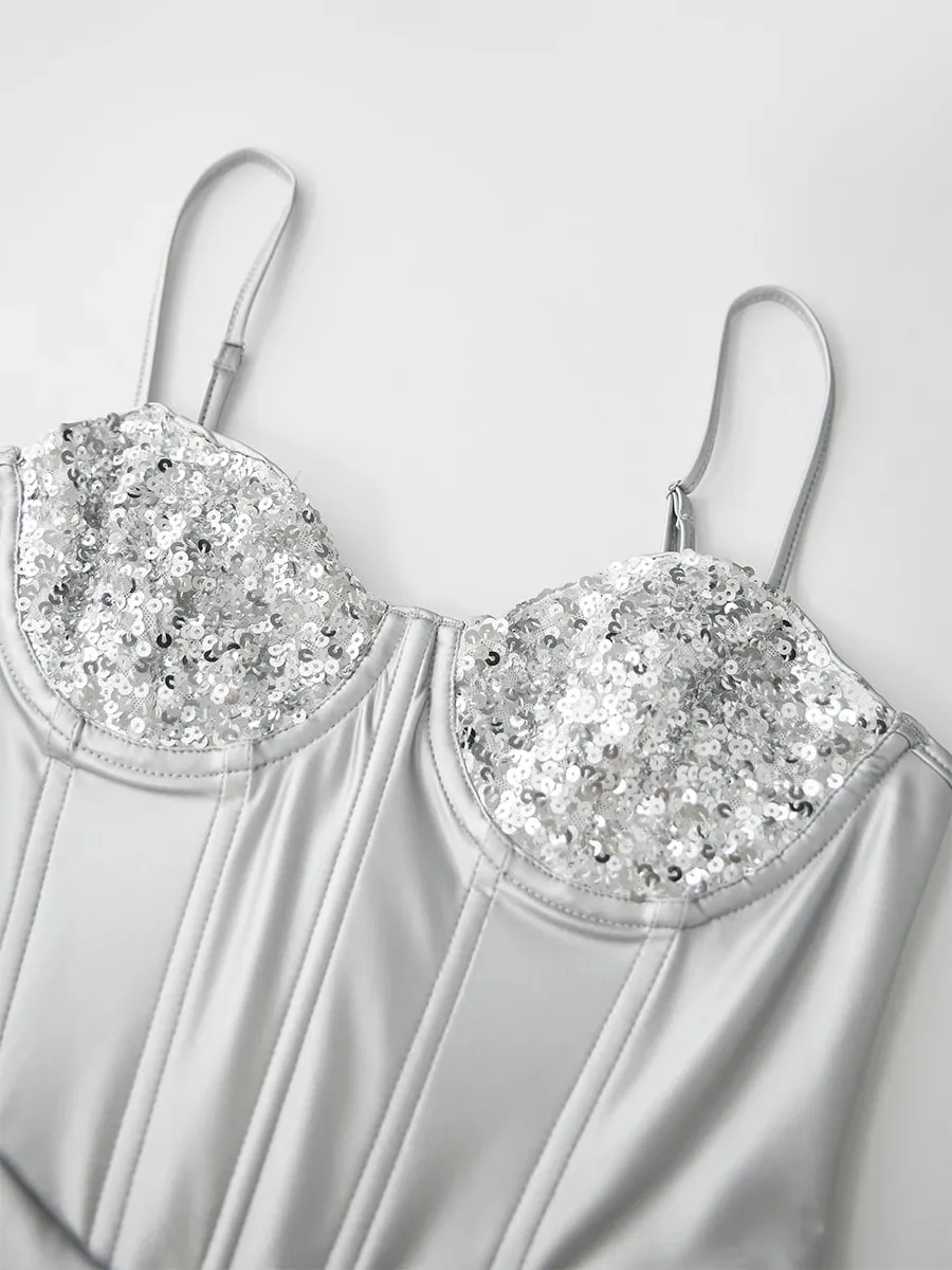Women's Slim Sleeveless Bodysuit Sparkly Sequin Spaghetti Strap Triangle Romper Leotard Tops