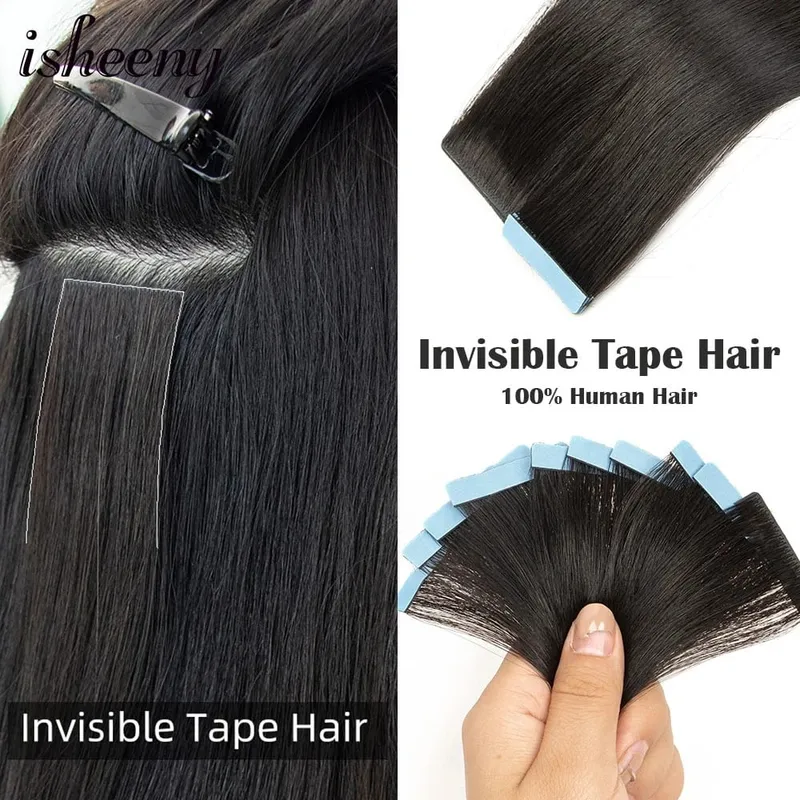 머리 확장에 Isheeny 보이지 않는 테이프 12 "16" 20 "피부 Weft 테이프 Ins 10pcs 자연 스트레이트 기계 레미 인간의 머리카락 제작 — image 1