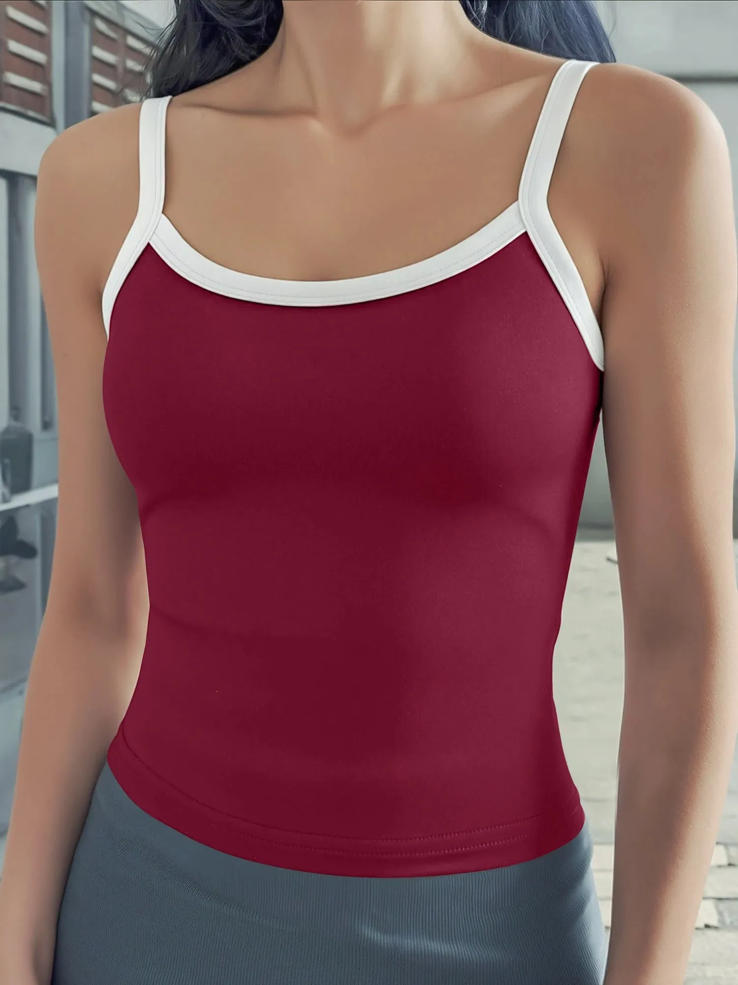 Contrast Binding U-Neck Crop Cami Slim Spaghetti Strap Bodycon Tank for Urban Street Style & Evening Date Outfits